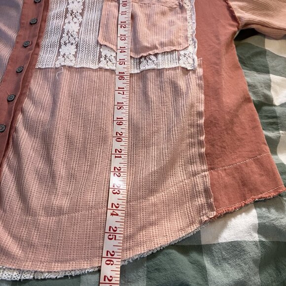 POL Shirt Womens L Oversized Thermal Lace Button Down Top Blush Pink Boho - Picture 9 of 12